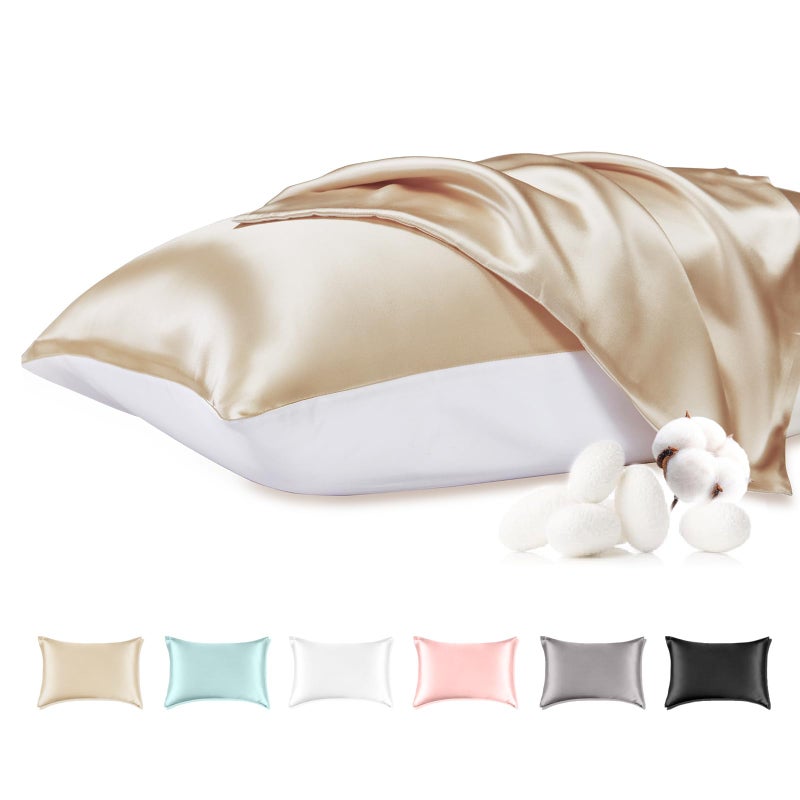 THXSILK 100% Mulberry Silk Pillowcase with Cotton Underside, Silk Pillowcase for Hair and Skin, Standard Size Grade 6A+ Silk, Soft Breathable Pillow Cover with Zipper, 1 Pack (Champagne,Standard) - Image 1
